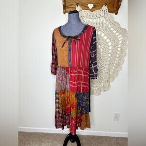 Sacred Threads Vintage Multicolor Patchwork Midi Dress Size S/M